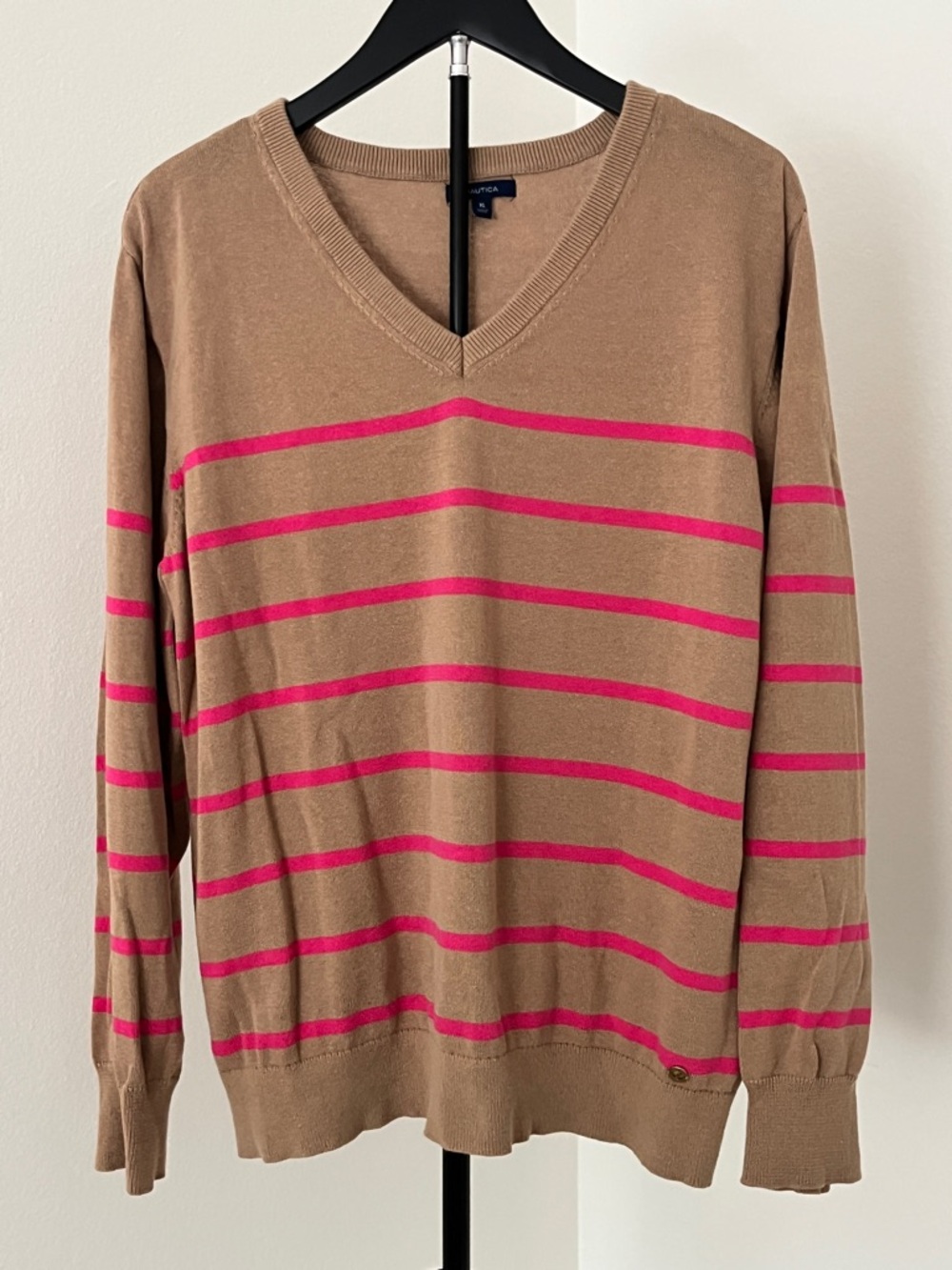 ⚓ Nautica Lightweight Cotton Sweater | Tan & Hot Pink Stripes | XL